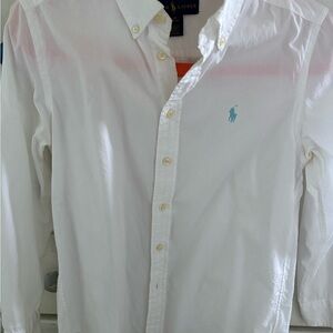 Ralph Lauren Boy White Button Down Shirt with Blue Logo